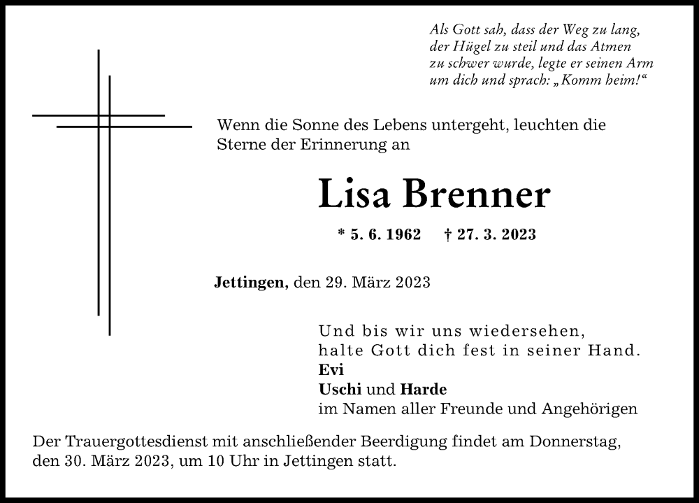  Traueranzeige für Lisa Brenner vom 29.03.2023 aus Günzburger Zeitung