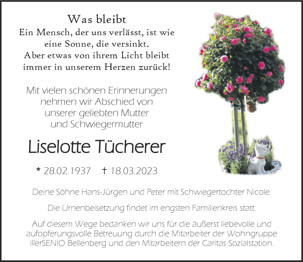  Traueranzeige für Liselotte Tücherer vom 22.03.2023 aus Augsburger Allgemeine, Neu-Ulmer Zeitung