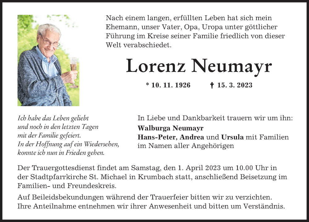  Traueranzeige für Lorenz Neumayr vom 23.03.2023 aus Mittelschwäbische Nachrichten