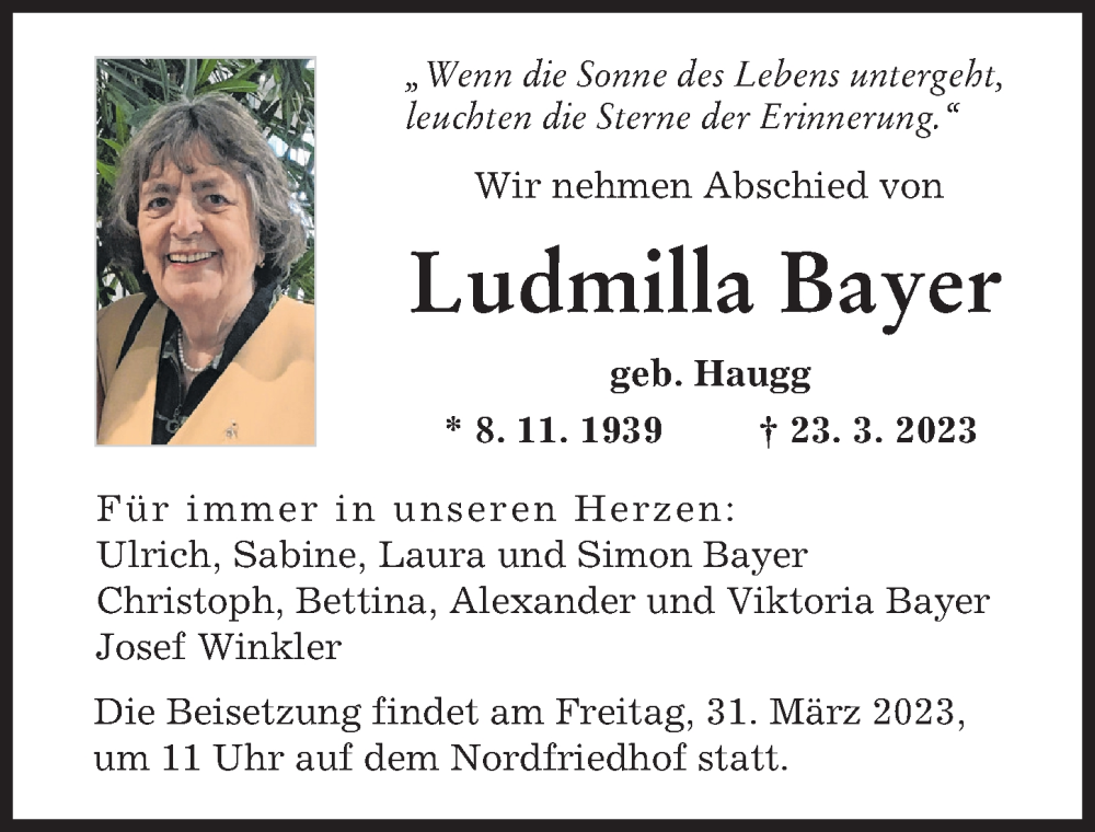  Traueranzeige für Ludmilla Bayer vom 25.03.2023 aus Augsburger Allgemeine