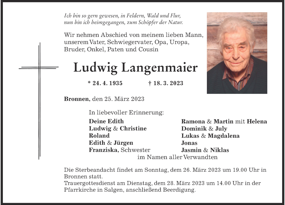  Traueranzeige für Ludwig Langenmaier vom 25.03.2023 aus Mindelheimer Zeitung