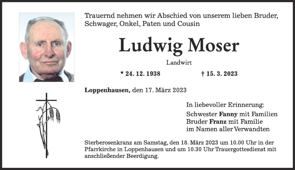 Traueranzeige von Ludwig Moser von Mindelheimer Zeitung