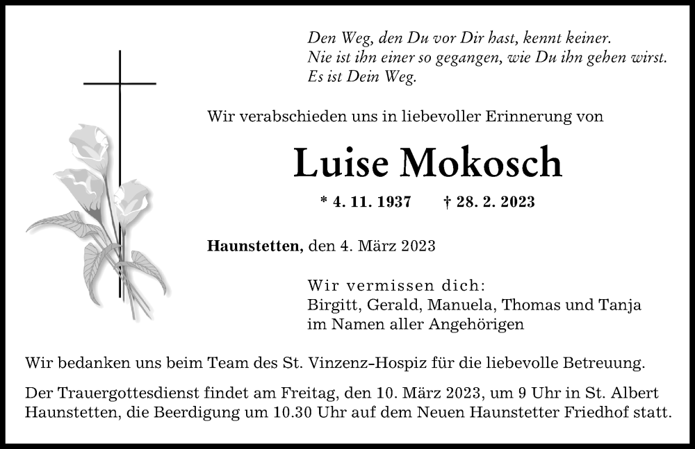 Traueranzeige von Luise Mokosch von Augsburger Allgemeine