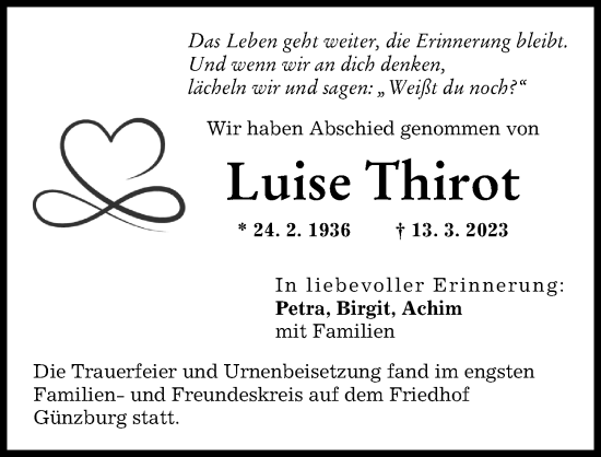 Traueranzeige von Luise Thirot von Günzburger Zeitung