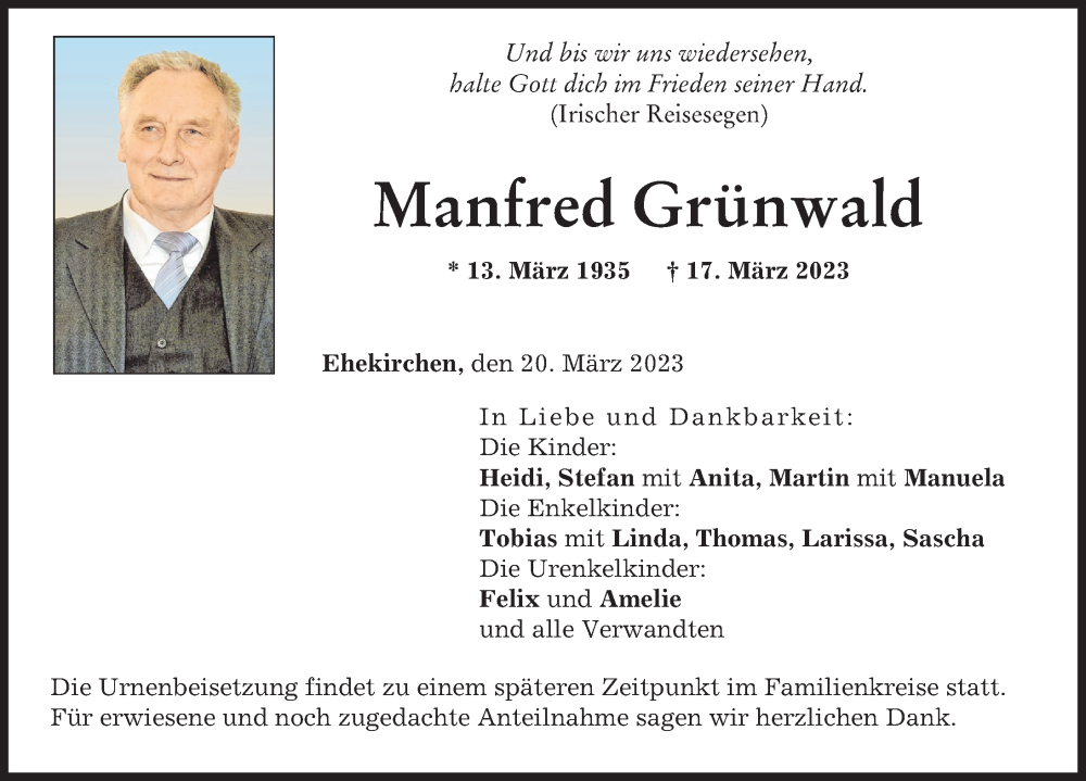  Traueranzeige für Manfred Grünwald vom 20.03.2023 aus Neuburger Rundschau