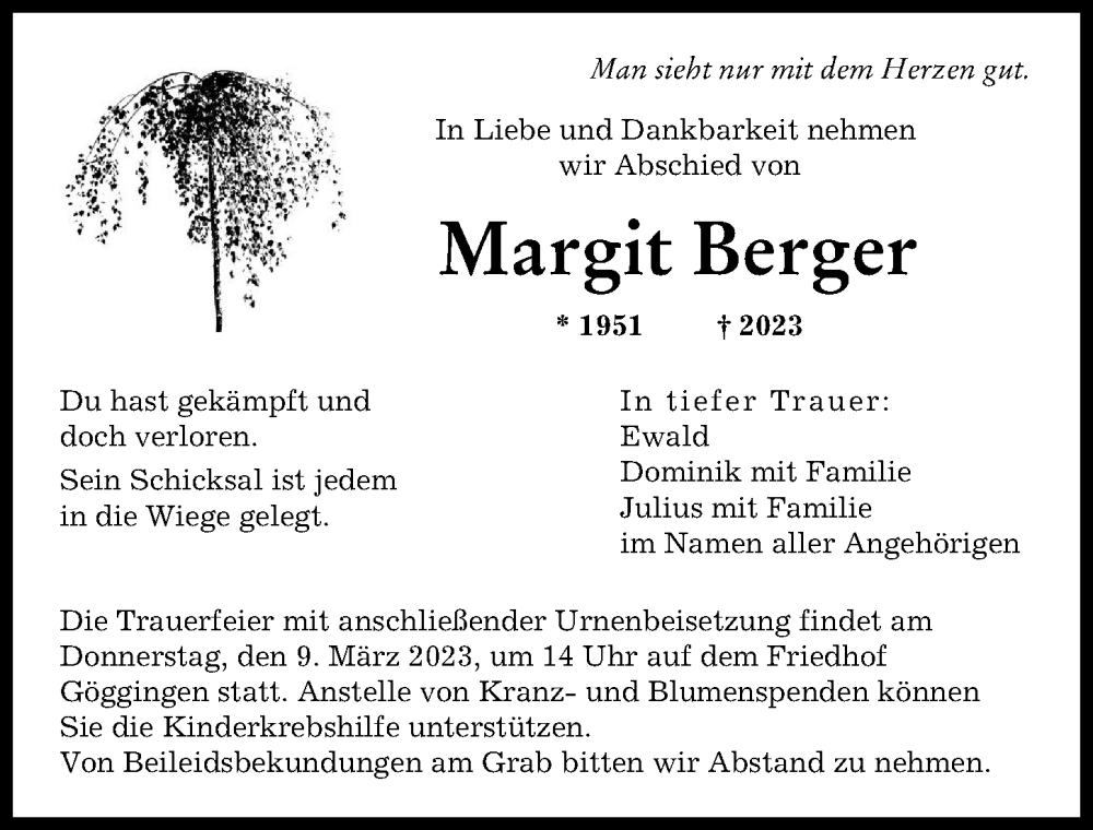 Traueranzeige von Margit Berger von Augsburger Allgemeine