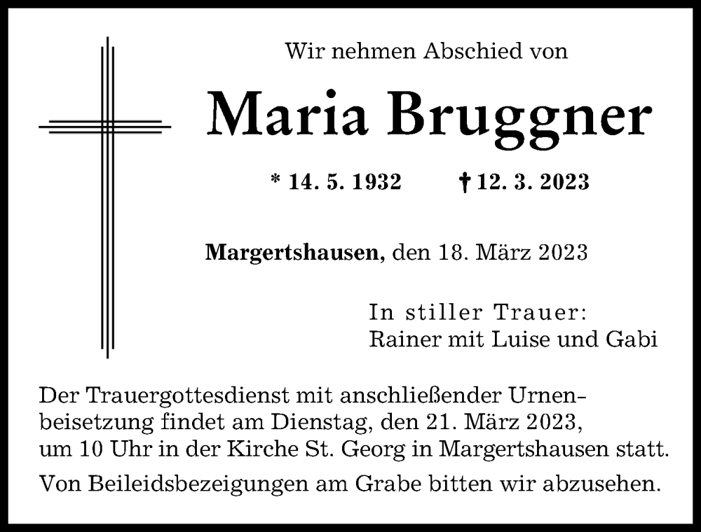  Traueranzeige für Maria Bruggner vom 18.03.2023 aus Augsburger Allgemeine