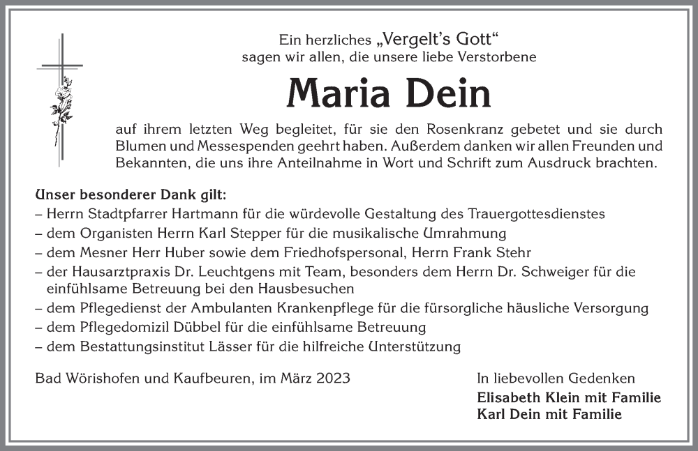 Traueranzeige von Maria Dein von Mindelheimer Zeitung