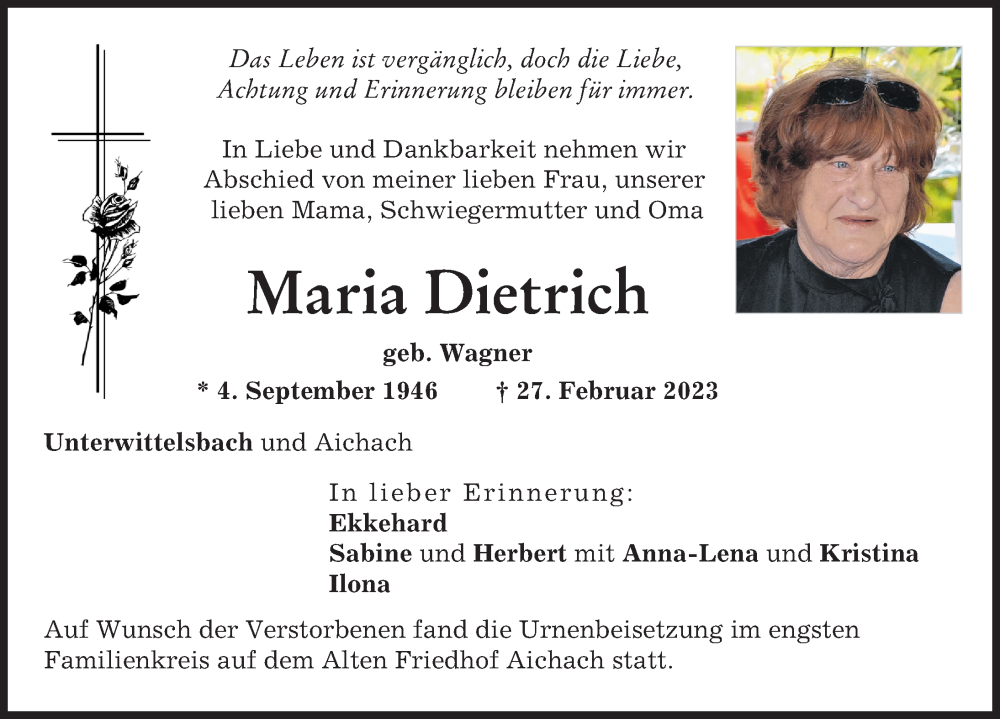 Traueranzeige von Maria Dietrich von Aichacher Nachrichten