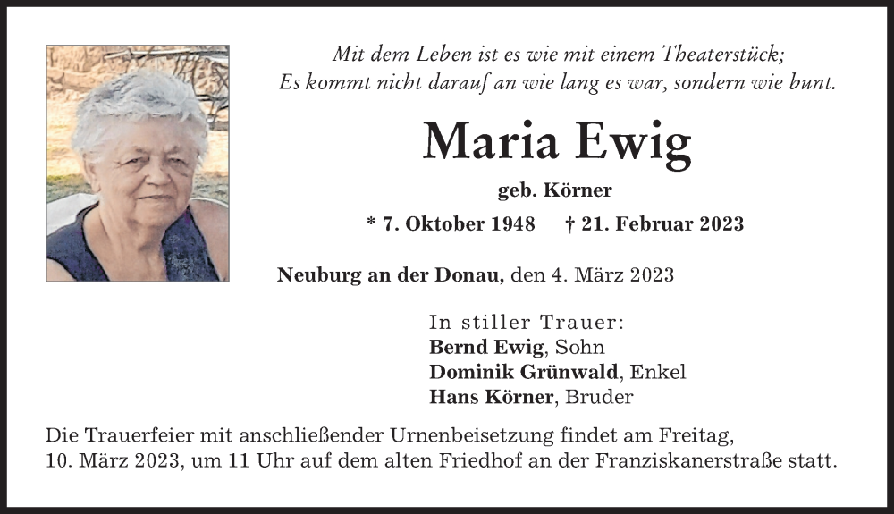 Traueranzeige von Maria Ewig von Neuburger Rundschau