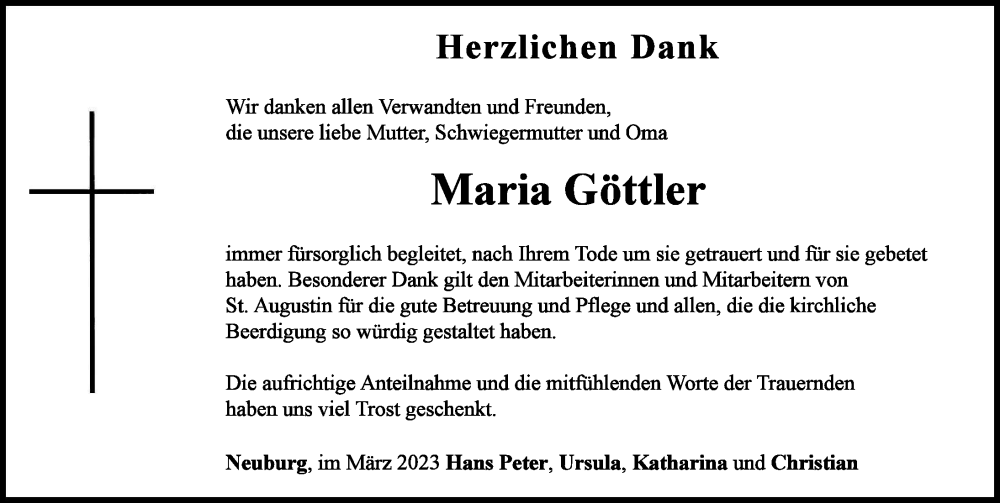 Traueranzeige von Maria Göttler von Neuburger Rundschau