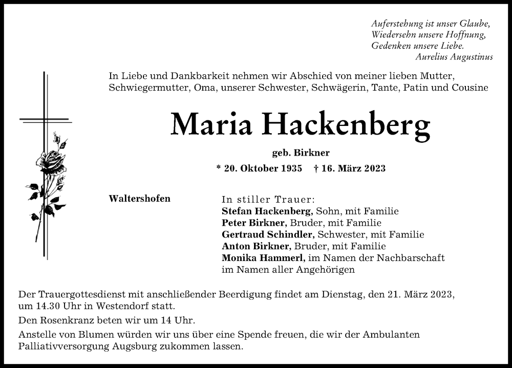  Traueranzeige für Maria Hackenberg vom 18.03.2023 aus Wertinger Zeitung, Augsburg-Land