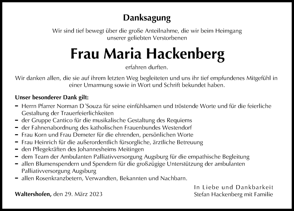 Traueranzeige von Maria Hackenberg von Wertinger Zeitung, Augsburg-Land