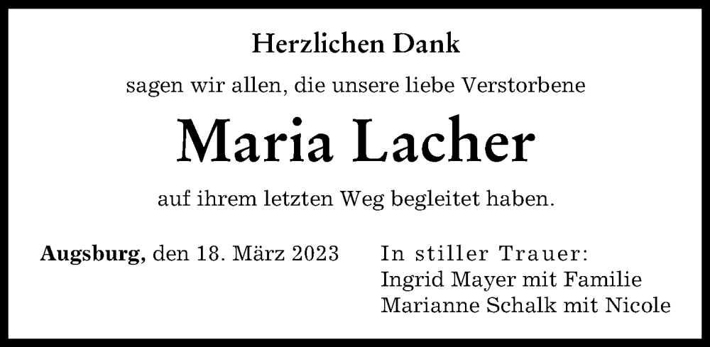  Traueranzeige für Maria Lacher vom 18.03.2023 aus Augsburger Allgemeine