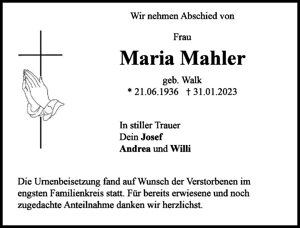 Traueranzeige von Maria Mahler von Neuburger Rundschau
