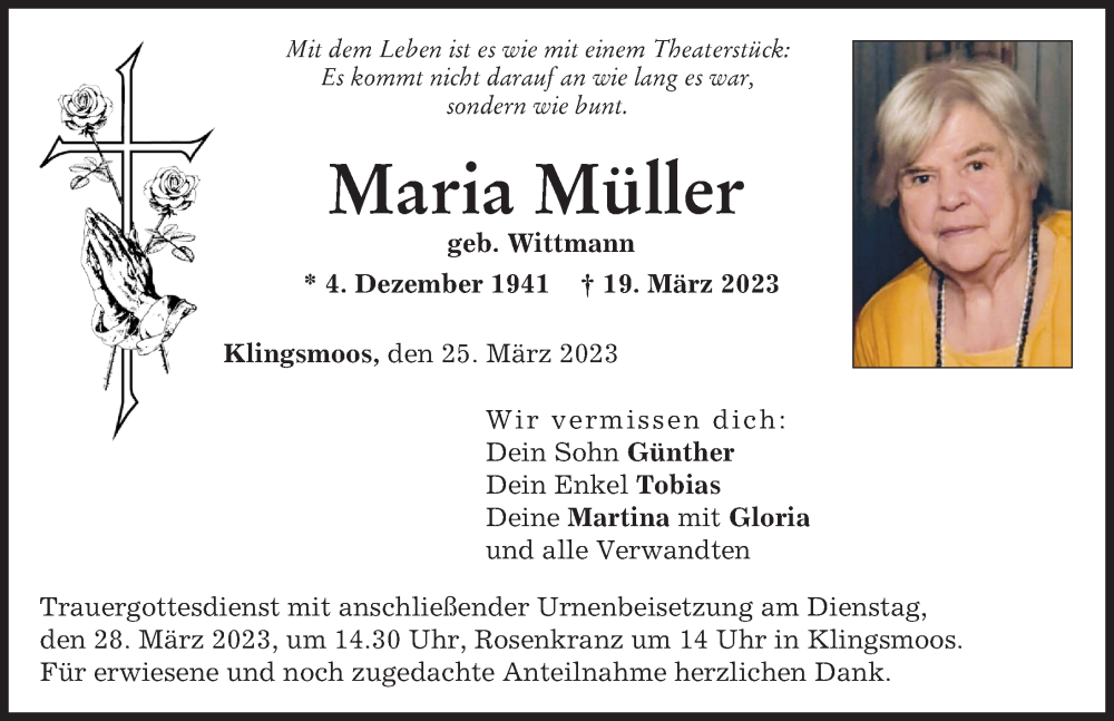  Traueranzeige für Maria Müller vom 25.03.2023 aus Neuburger Rundschau