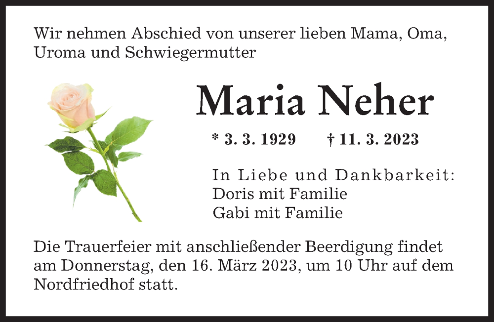 Traueranzeige von Maria Neher von Augsburger Allgemeine