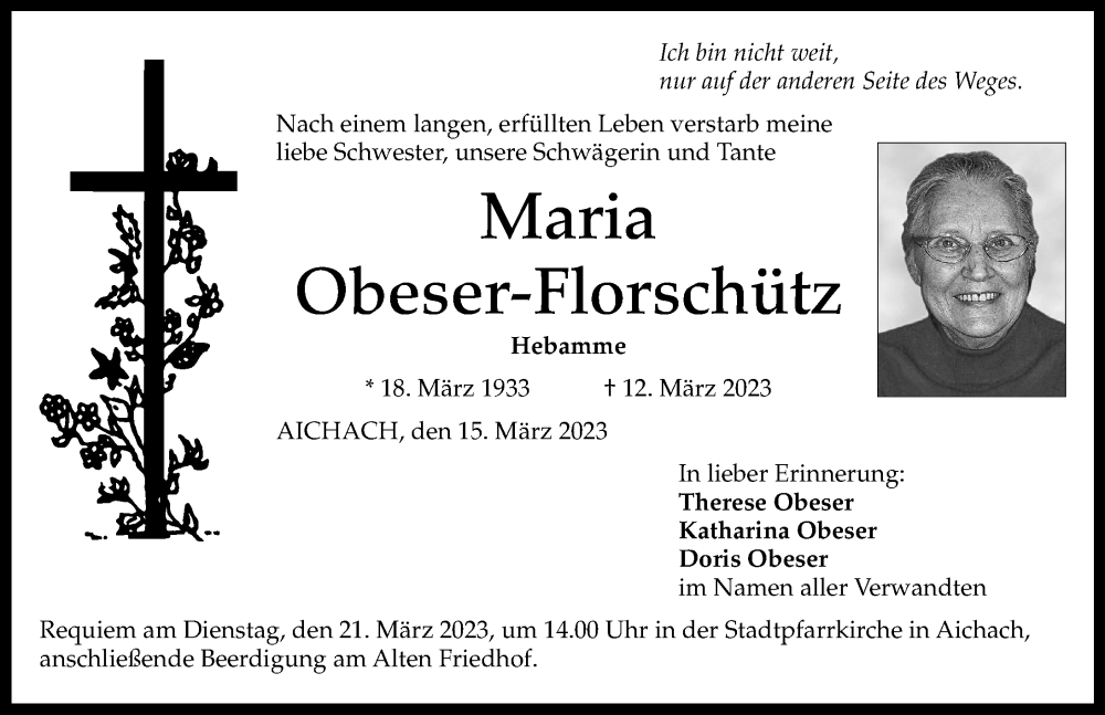  Traueranzeige für Maria Obeser-Florschütz vom 15.03.2023 aus Aichacher Nachrichten