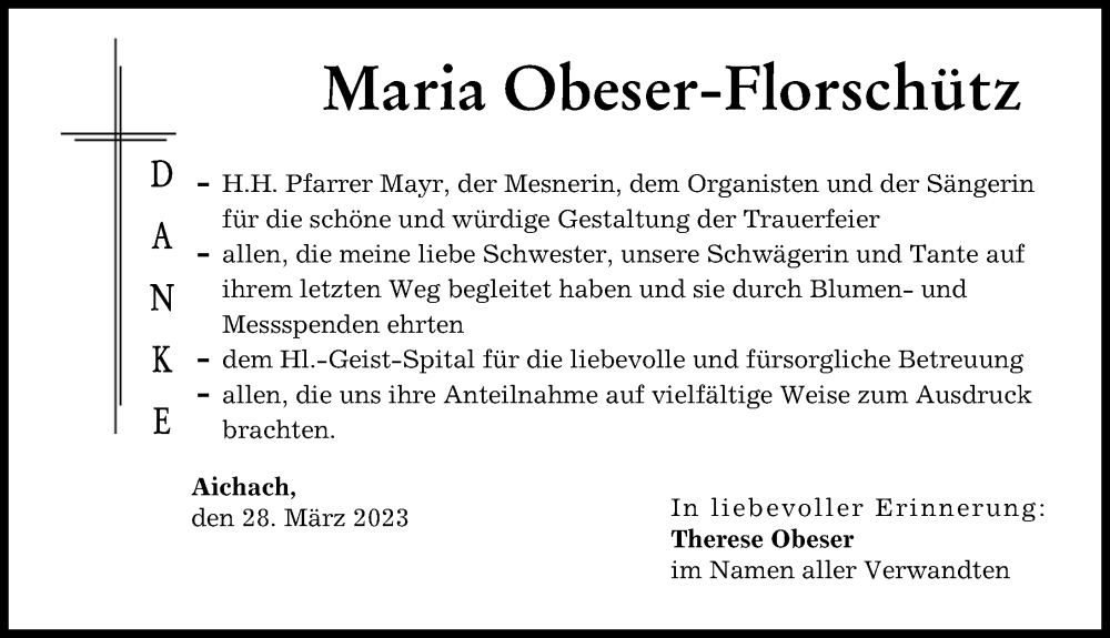  Traueranzeige für Maria Obeser-Florschütz vom 28.03.2023 aus Aichacher Nachrichten