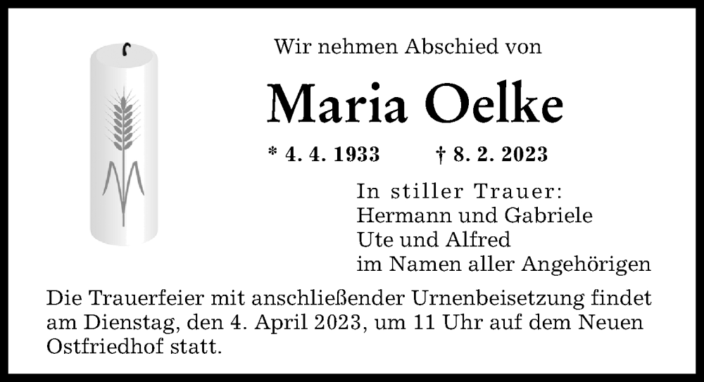 Traueranzeige von Maria Oelke von Augsburger Allgemeine