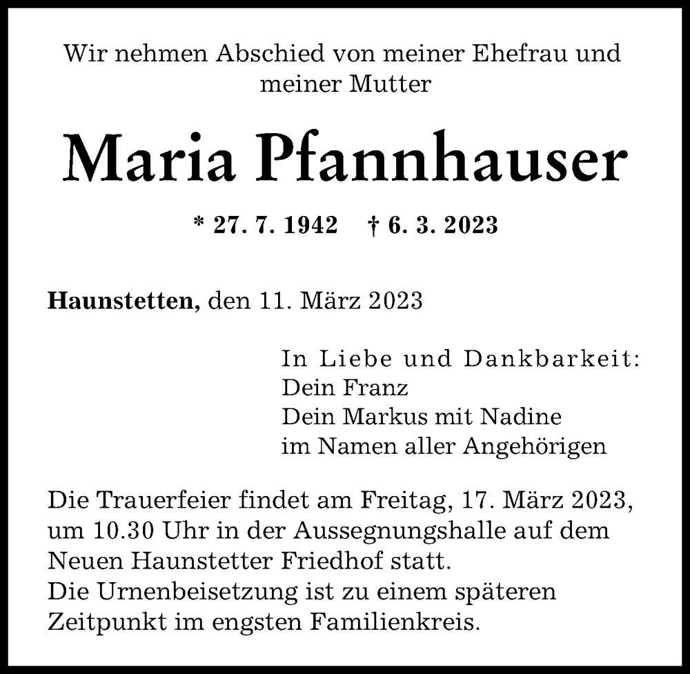 Traueranzeige von Maria Pfannhauser von Augsburger Allgemeine