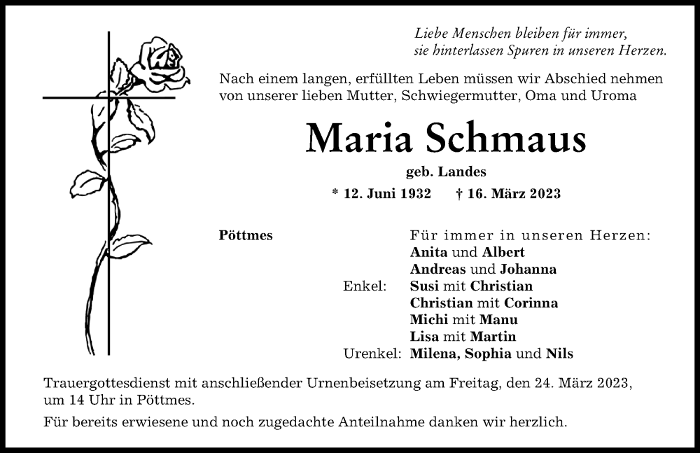  Traueranzeige für Maria Schmaus vom 20.03.2023 aus Aichacher Nachrichten