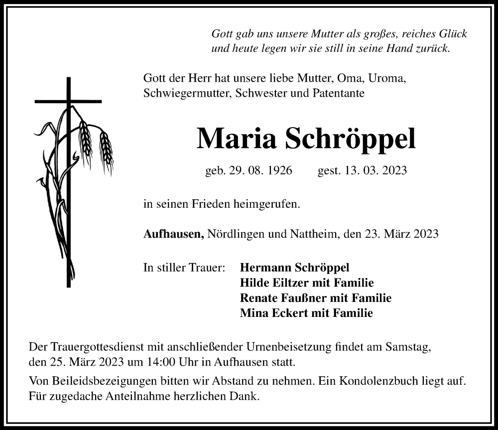  Traueranzeige für Maria Schröppel vom 23.03.2023 aus Rieser Nachrichten