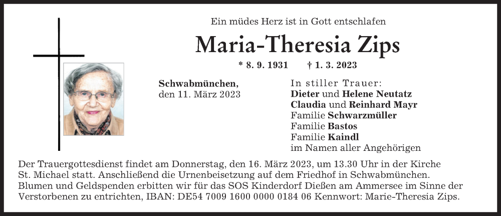 Traueranzeigen Von Maria Theresia Zips Augsburger Allgemeine Zeitung