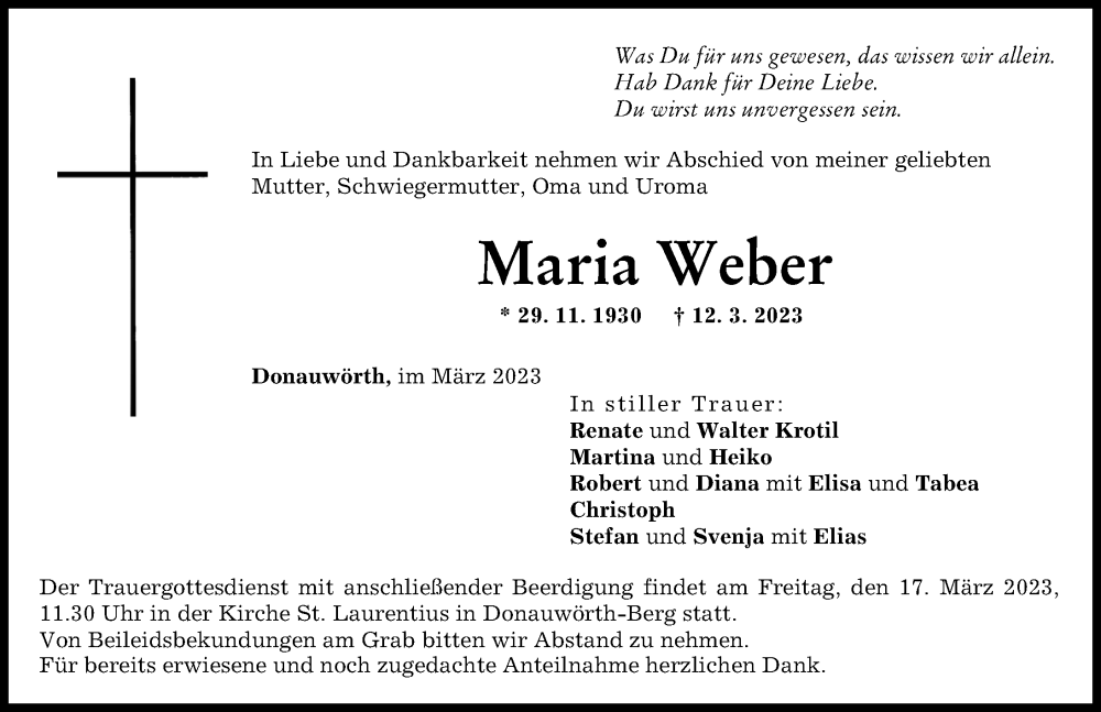  Traueranzeige für Maria Weber vom 14.03.2023 aus Donauwörther Zeitung