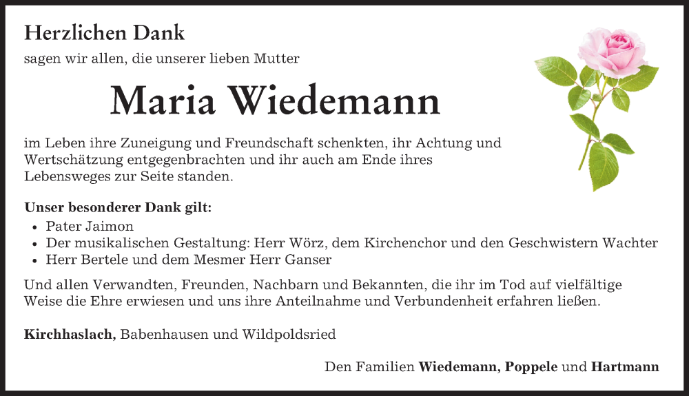 Traueranzeigen Von Maria Wiedemann Augsburger Allgemeine Zeitung