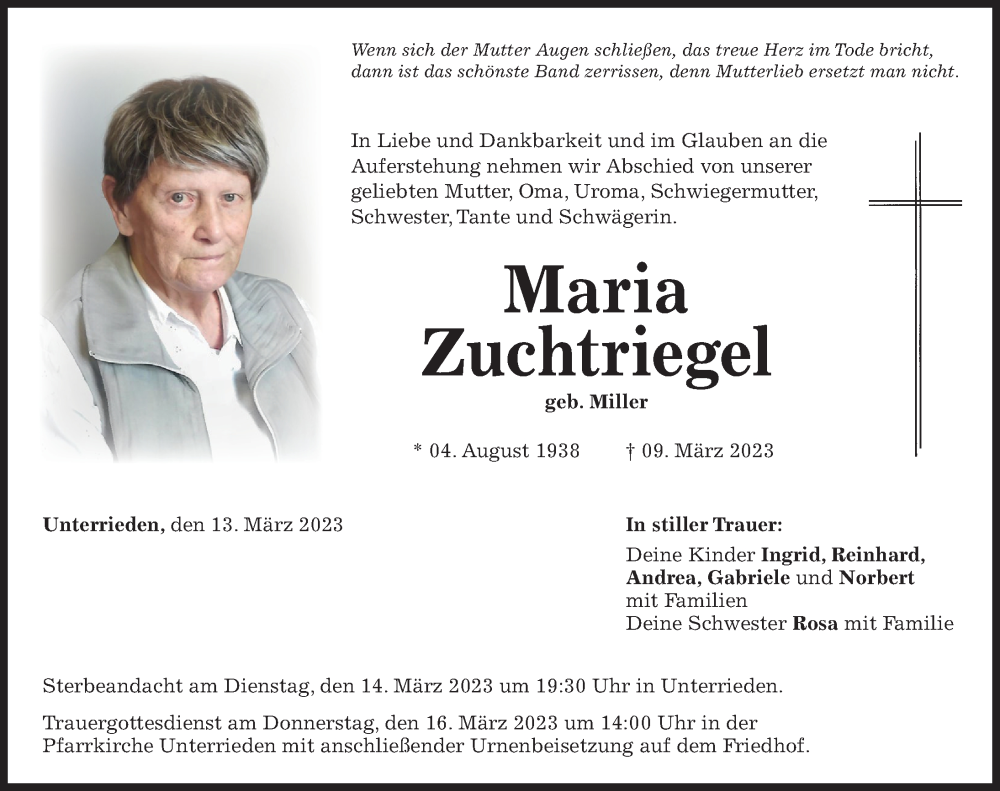 Traueranzeige von Maria Zuchtriegel von Mindelheimer Zeitung