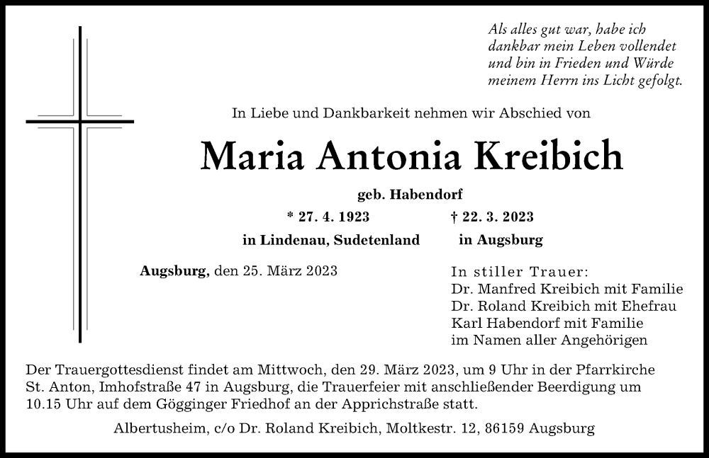 Traueranzeige von Maria Antonia Kreibich von Augsburger Allgemeine