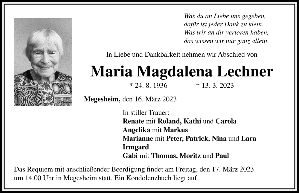  Traueranzeige für Maria Magdalena Lechner vom 16.03.2023 aus Rieser Nachrichten