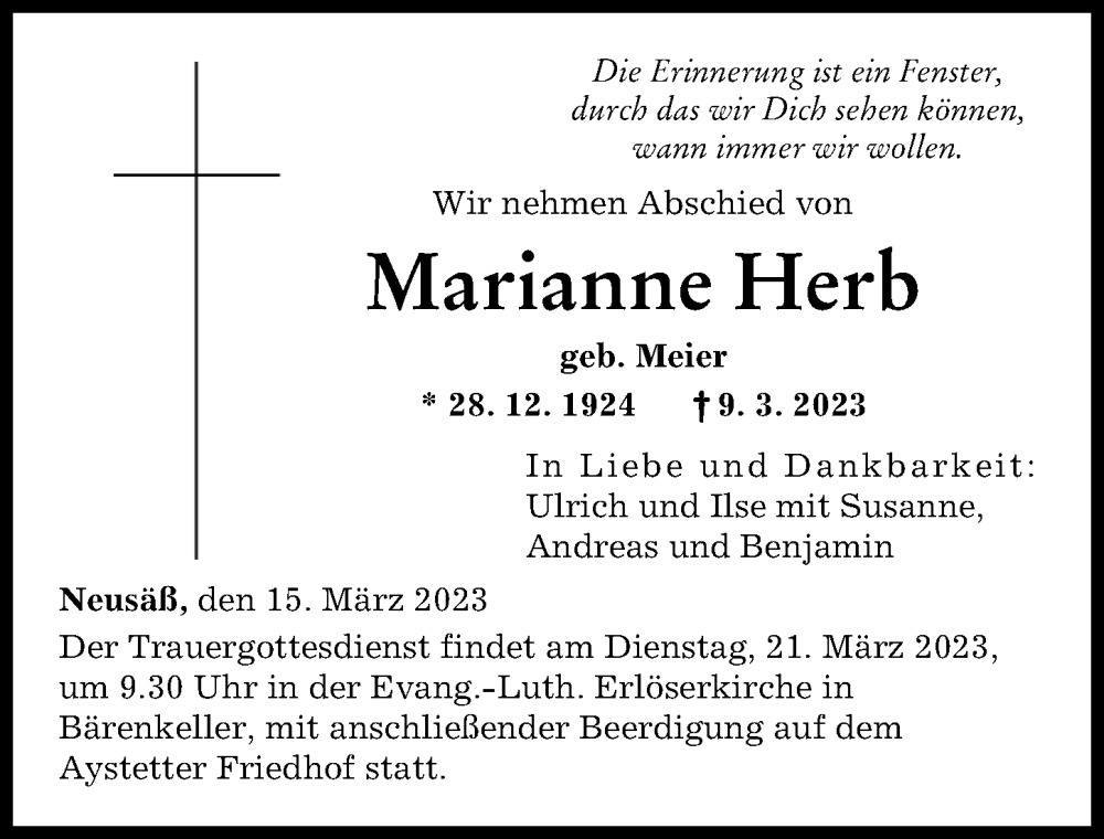  Traueranzeige für Marianne Herb vom 15.03.2023 aus Augsburger Allgemeine