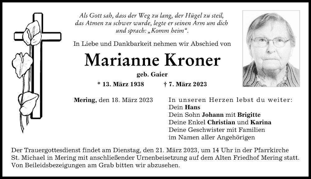  Traueranzeige für Marianne Kroner vom 18.03.2023 aus Friedberger Allgemeine