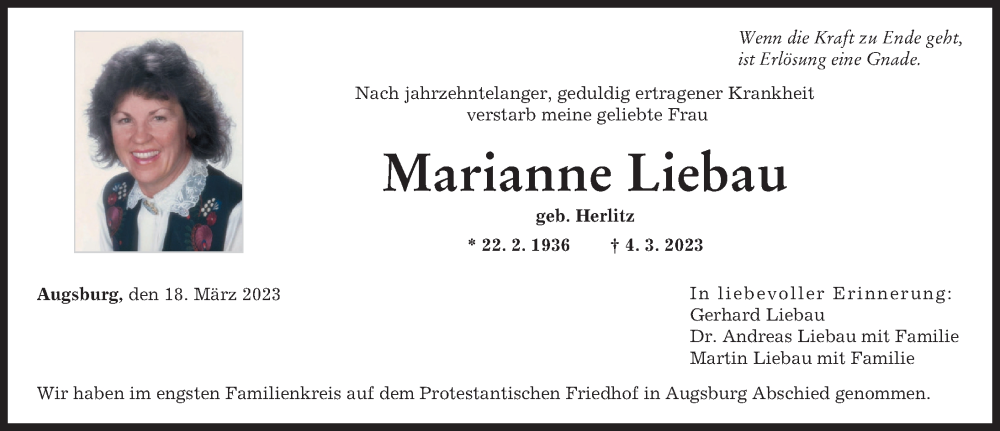  Traueranzeige für Marianne Liebau vom 18.03.2023 aus Augsburger Allgemeine
