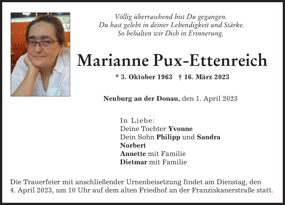 Traueranzeige von Marianne Pux-Ettenreich von Neuburger Rundschau