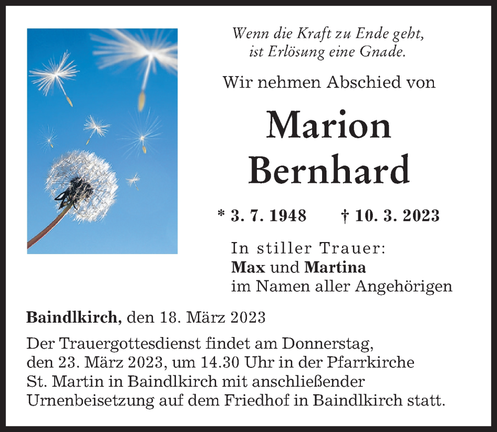  Traueranzeige für Marion Bernhard vom 18.03.2023 aus Friedberger Allgemeine