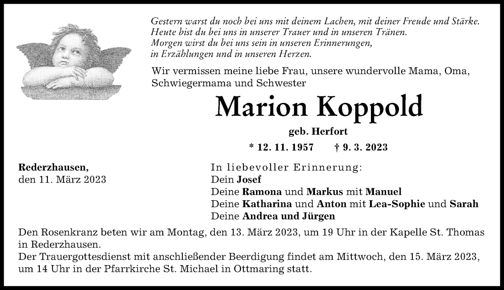 Traueranzeige von Marion Koppold von Friedberger Allgemeine