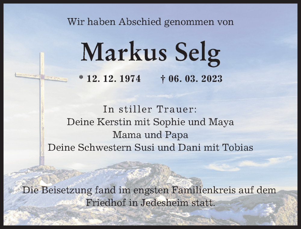  Traueranzeige für Markus Selg vom 25.03.2023 aus Illertisser Zeitung