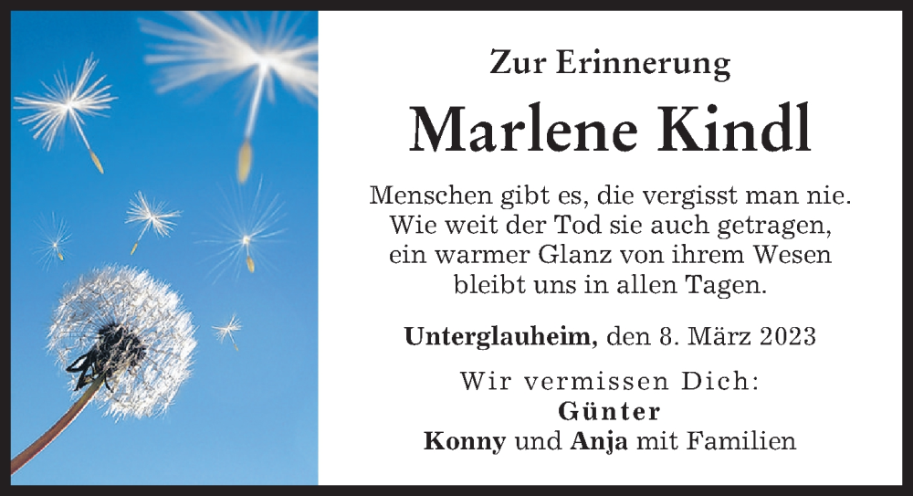  Traueranzeige für Marlene Kindl vom 08.03.2023 aus Donau Zeitung