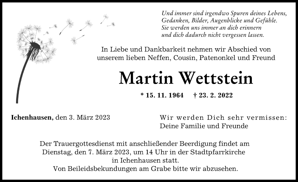 Traueranzeige von Martin Wettstein von Günzburger Zeitung
