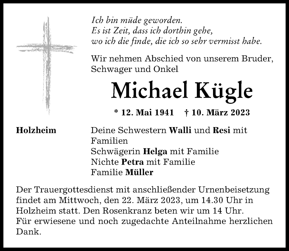  Traueranzeige für Michael Kügle vom 18.03.2023 aus Donauwörther Zeitung