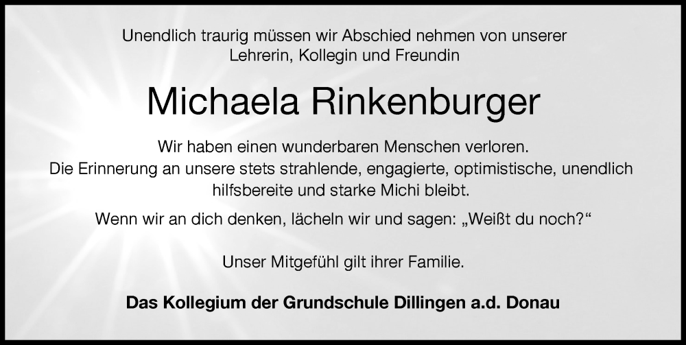  Traueranzeige für Michaela Rinkenburger vom 22.03.2023 aus Donau Zeitung