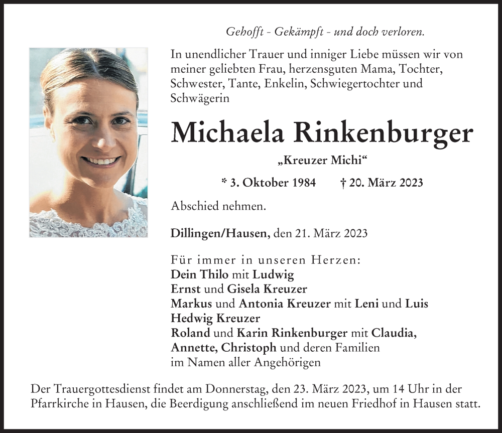  Traueranzeige für Michaela Rinkenburger vom 21.03.2023 aus Donau Zeitung