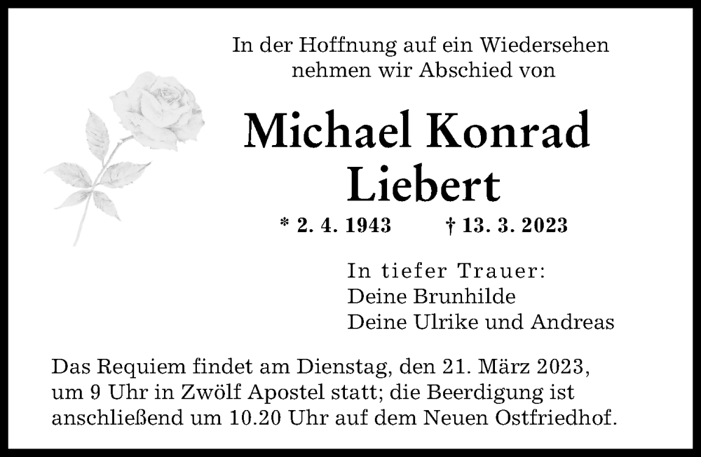  Traueranzeige für Michael Konrad Liebert vom 18.03.2023 aus Friedberger Allgemeine, Augsburger Allgemeine