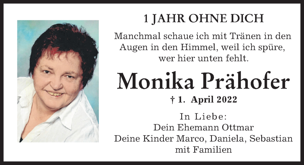 Traueranzeige von Monika Prähofer von Augsburger Allgemeine