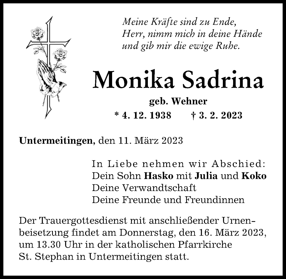 Traueranzeige von Monika Sadrina von Schwabmünchner Allgemeine