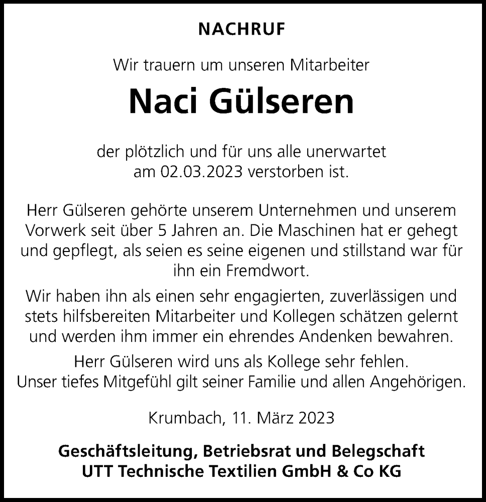 Traueranzeige von Naci Gülseren von Mittelschwäbische Nachrichten
