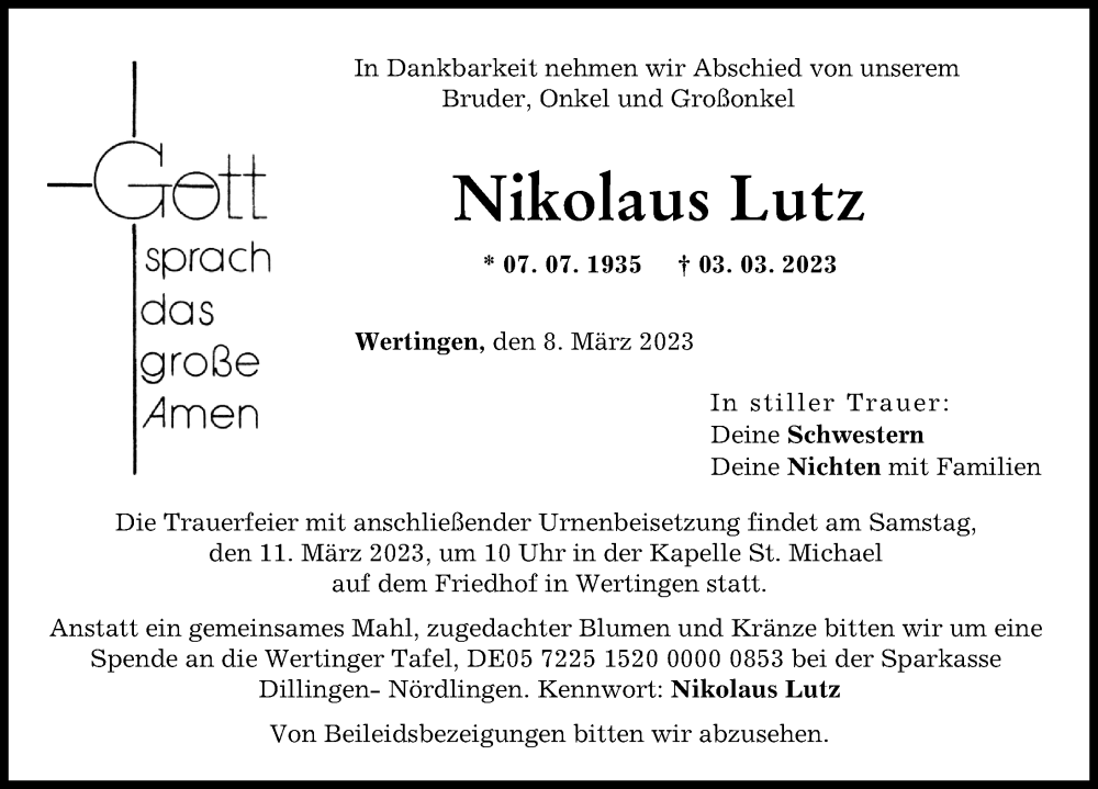 Traueranzeige von Nikolaus Lutz von Wertinger Zeitung